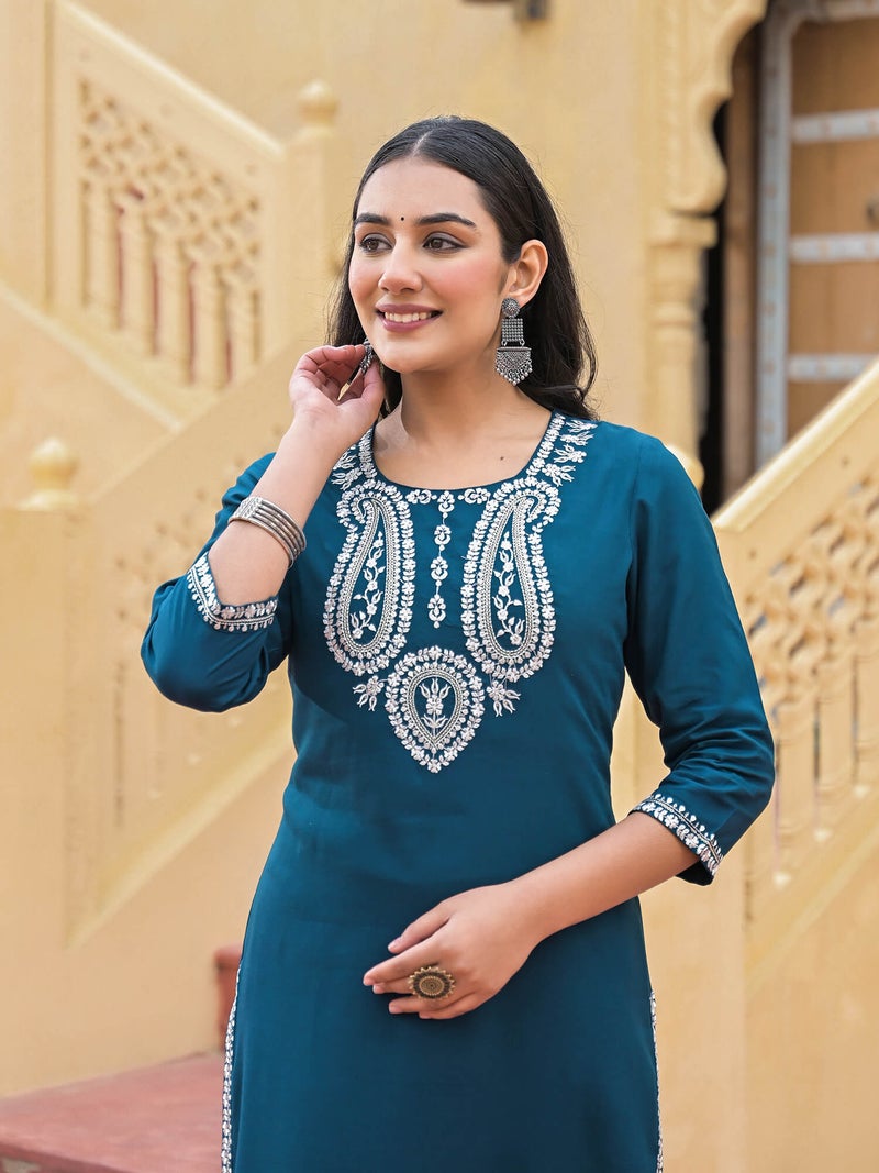 Shifory Teal Embroidered Kurti Pant Set for Women - Image 4